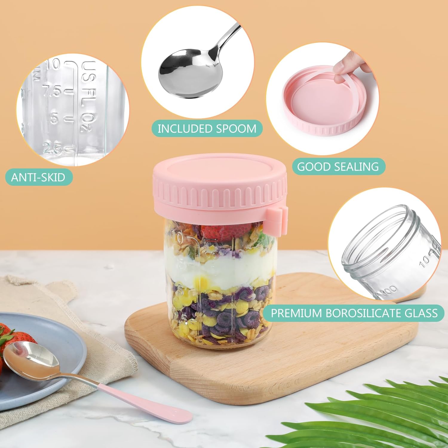 OcePor 6 Pack Overnight Oats Containers with Lids and Spoons, 16 OZ Glass Mason Overnight Oats Jars, Large Capacity Airtight Jars for Milk, Cereal, Fruit(Pink) - Image 4