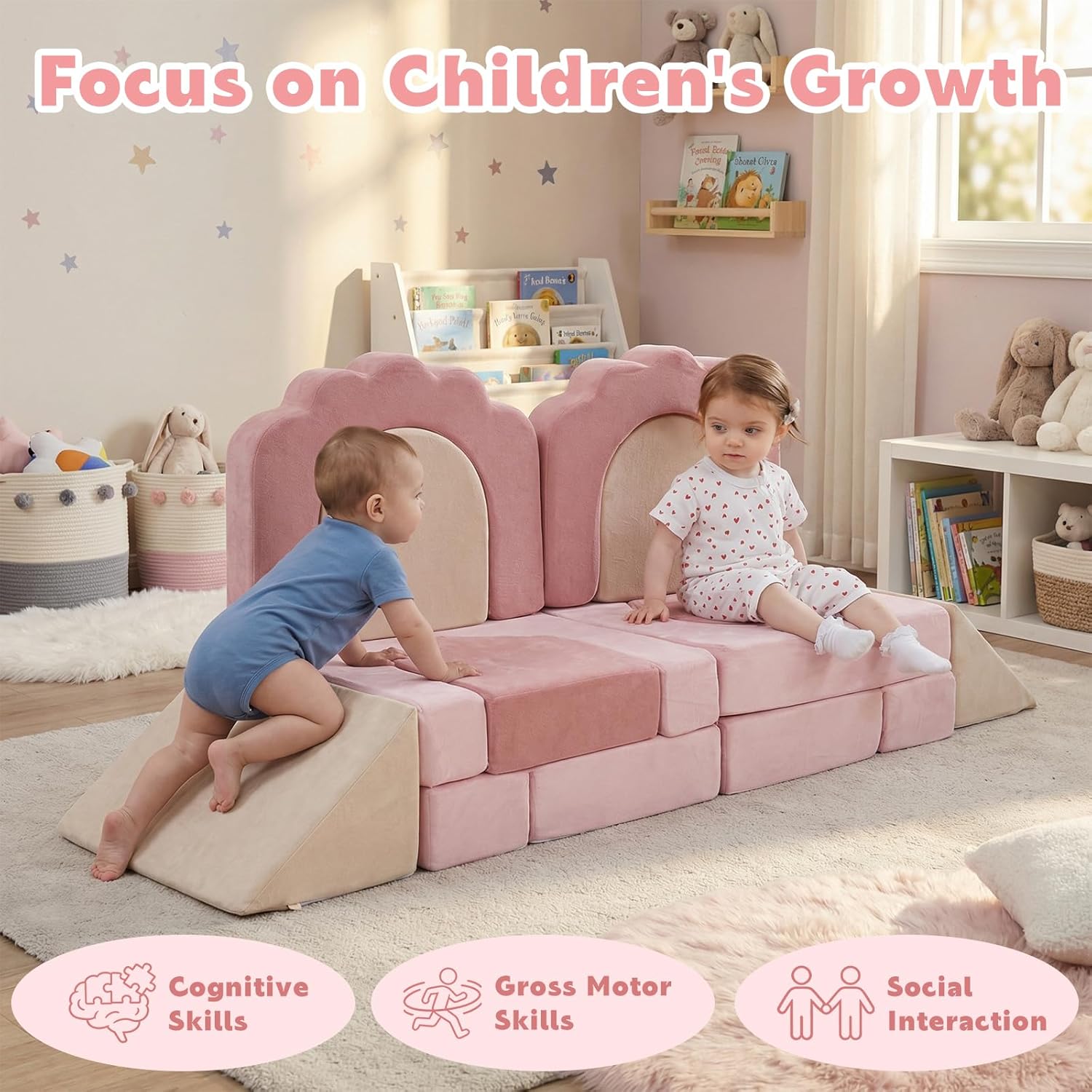 13-Piece Foam Climbing Blocks for Toddlers, Soft Play Set for Toddlers 1–3, High-Density Foam Climbing Toys Indoor for Crawling & Active Play, Gross Motor Skills Toys Gift(Beige Pink)