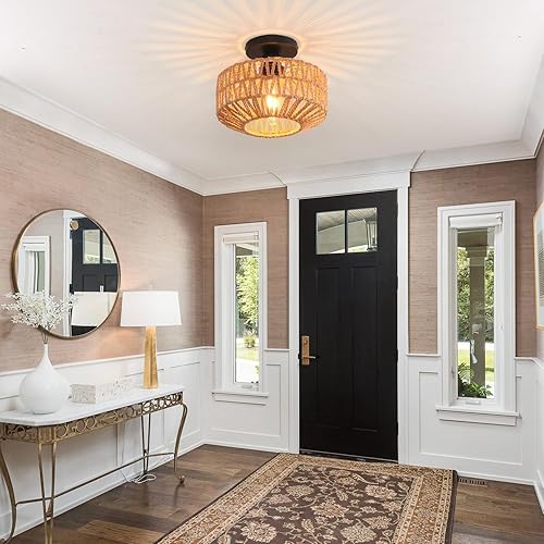 Miniatura 2 de Lámpara de techo, lámpara de techo de ratán tejida a mano, montaje empotrado, lámpara de granja, soporte de techo bohemio para pasillo, dormitorio,