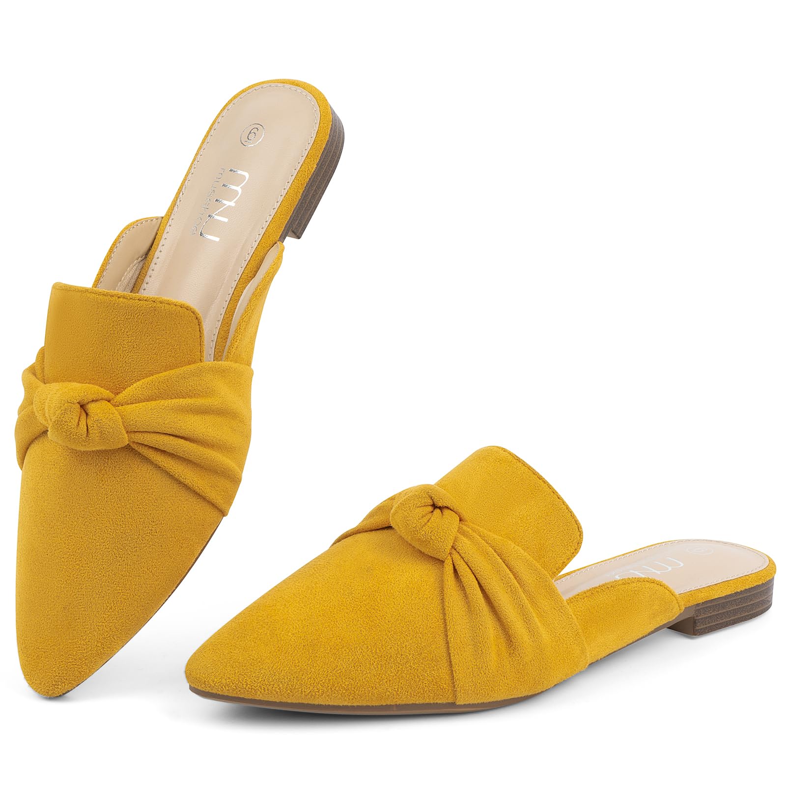 MUSSHOE Mules for Women with Bow Knot: Pointed Toe Flats - Cloud-Cushion Suede Backless Loafers for Office &amp; Casual Wear - Wide-Fit Friendly Slip On Slides with Memory Foam