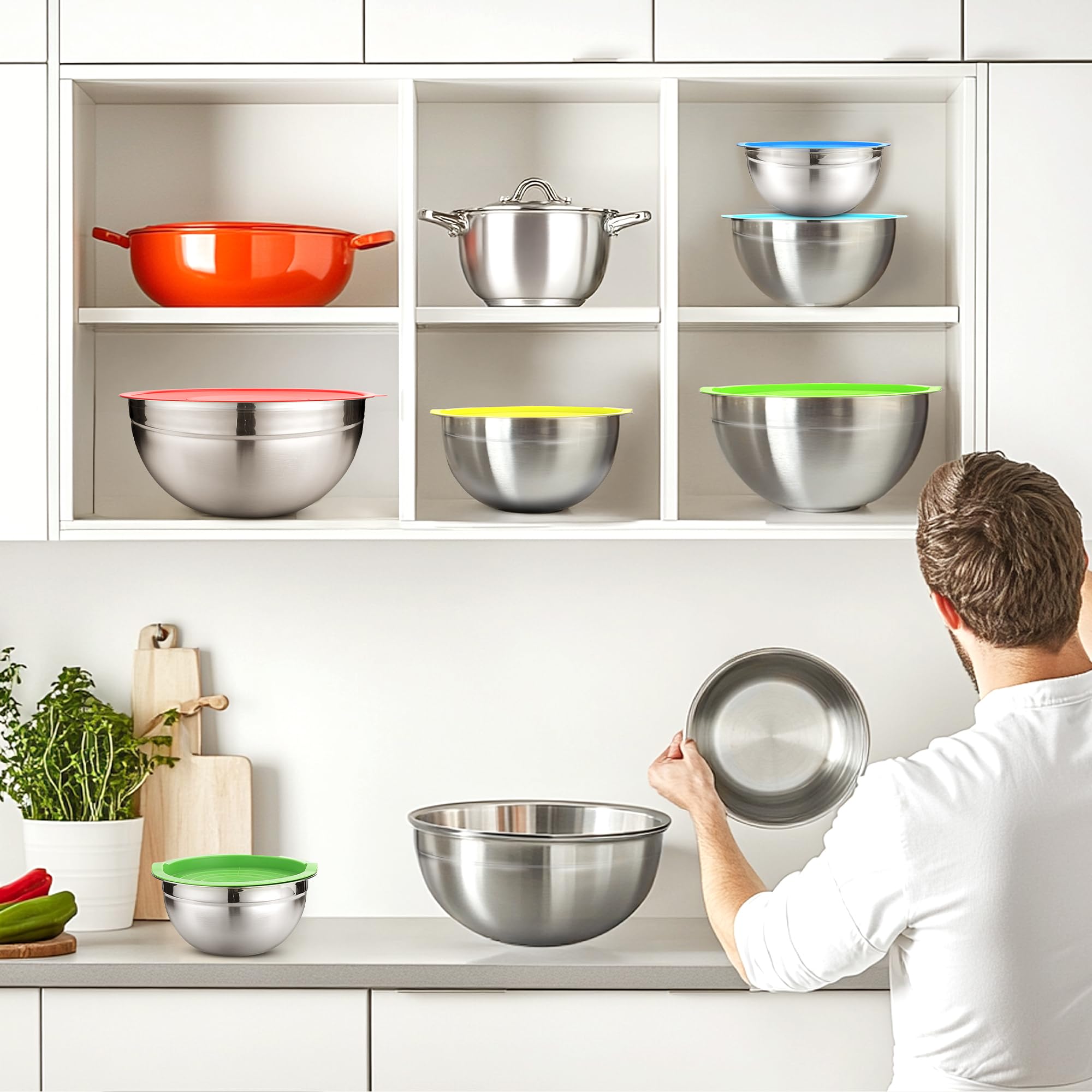 Juego de cuencos para mezclar con tapas, 7 cuencos para hornear, cocinar, preparar y almacenar alimentos, cuencos de acero inoxidable multicolor, incluye tazas medidoras, cuchara, cepillo y otras 11