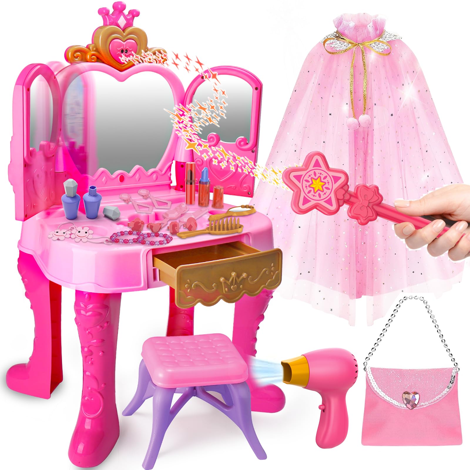 Toy Vanity Magic Makeup Set Table with Chair Dress Up Girl Toys Gift
