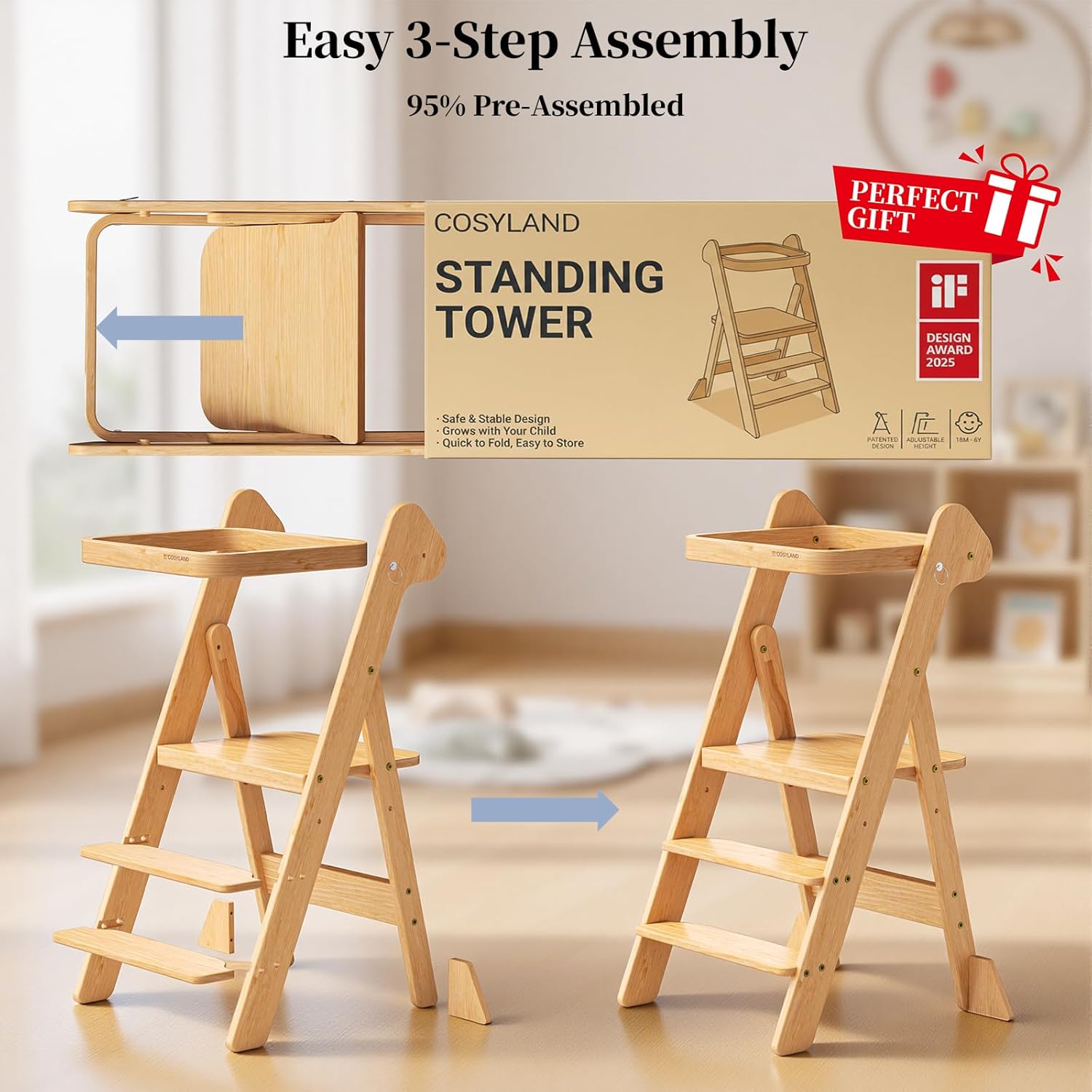 COSYLAND Foldi Foldable Toddler Kitchen Stool - Adjustable Height Toddler Standing Tower with Net & Safety Feet, IF Award-Winning Wooden Learning Step Tower for Kids Ages 18M-6Y, Natural