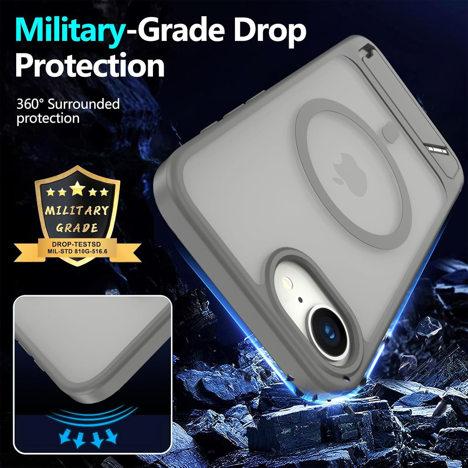 for iPhone 16E case: [fit for Magsafe] Strong Magnetic & Invisible Stand, Military-Grade Drop Protection with Screen Protector, Adjustable Kickstand Frosted Translucent Matte Phone Case, Smoky Gray - Image 4