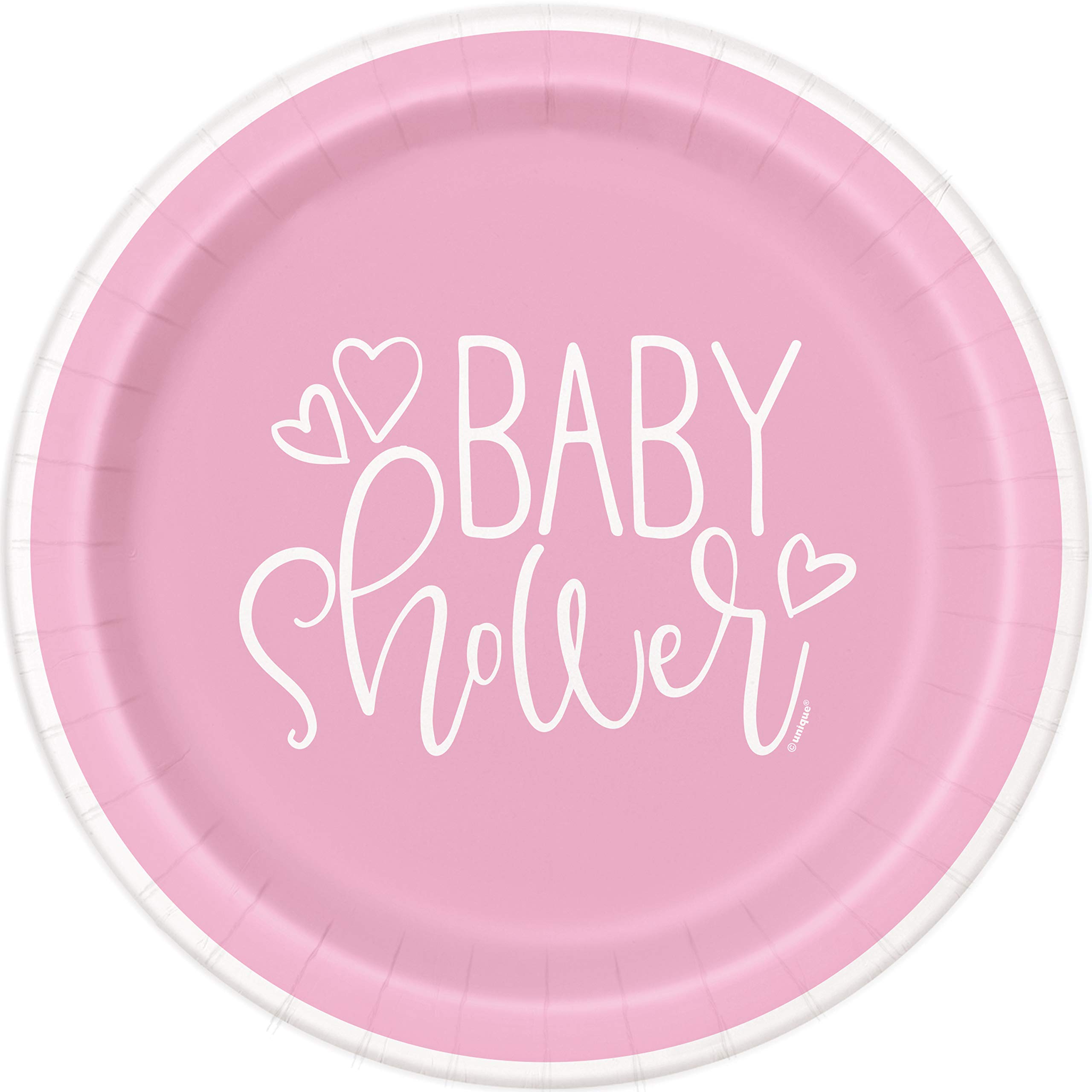 Unique 73364EU Eco-Friendly Paper Plates-18 cm-Pink Hearts Baby Shower-8 Count (Pack of 1), Multicolour