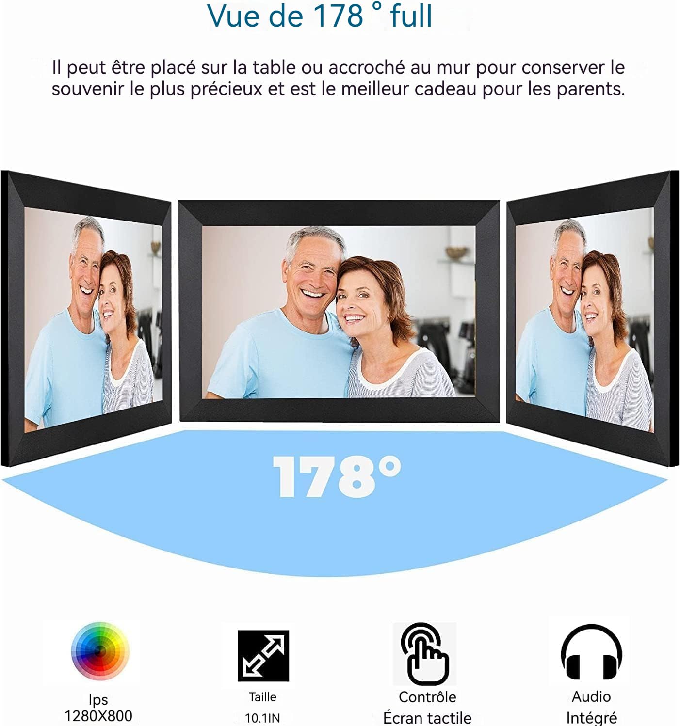 Cadre Photo Numérique 10.1 Pouces WiFi, 1280x800 HD IPS | Cadre Numérique Photo Tactile 32G, Rotation Auto pour Vidéo Musique, Cadeau Familial