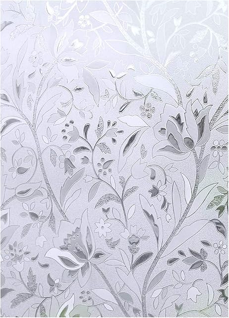Cooja Frosted Window Film, Obscure Opaque Static Cling Window Film Privacy Glass Film UV Protection Film Floral Decorative Window Stickers 44x200cm -Tulip Flowers Pattern