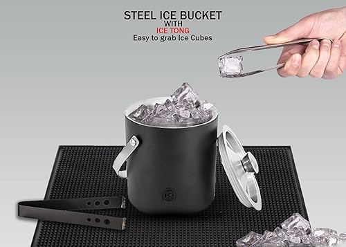 Miniatura 5 de Cubo de hielo con tapa, cubo de hielo negro aislado para barra de cóctel con pinza para hielo, acero inoxidable de doble pared, 1.75 L, 1.84 cuartos