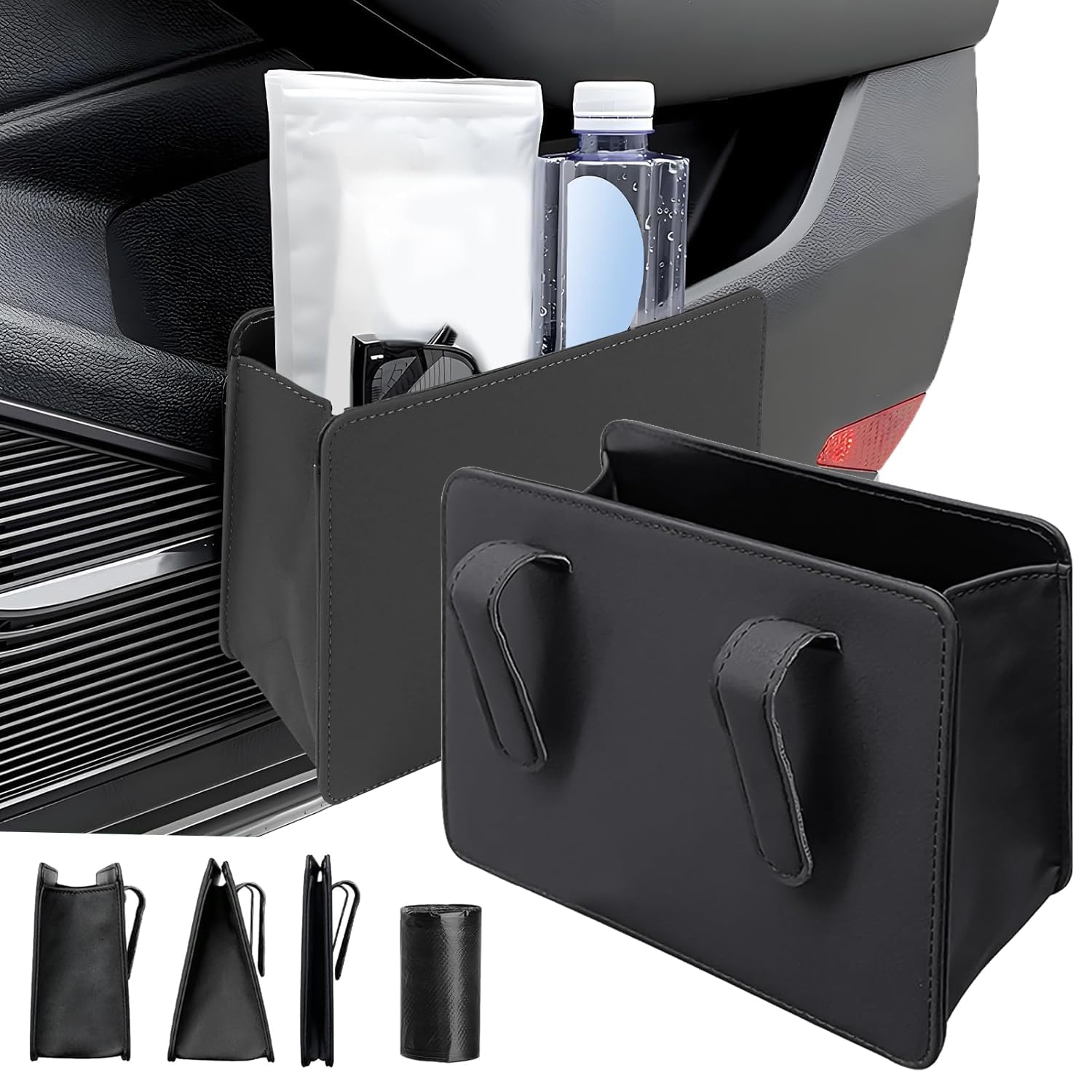Car Door Storage Box for Audi Q5 SUV 3 (III) GU I 2024-2025, Waterproof PU Leather Side Pocket Organiser, Slim Hanging Trash Can and Tidy Bag
