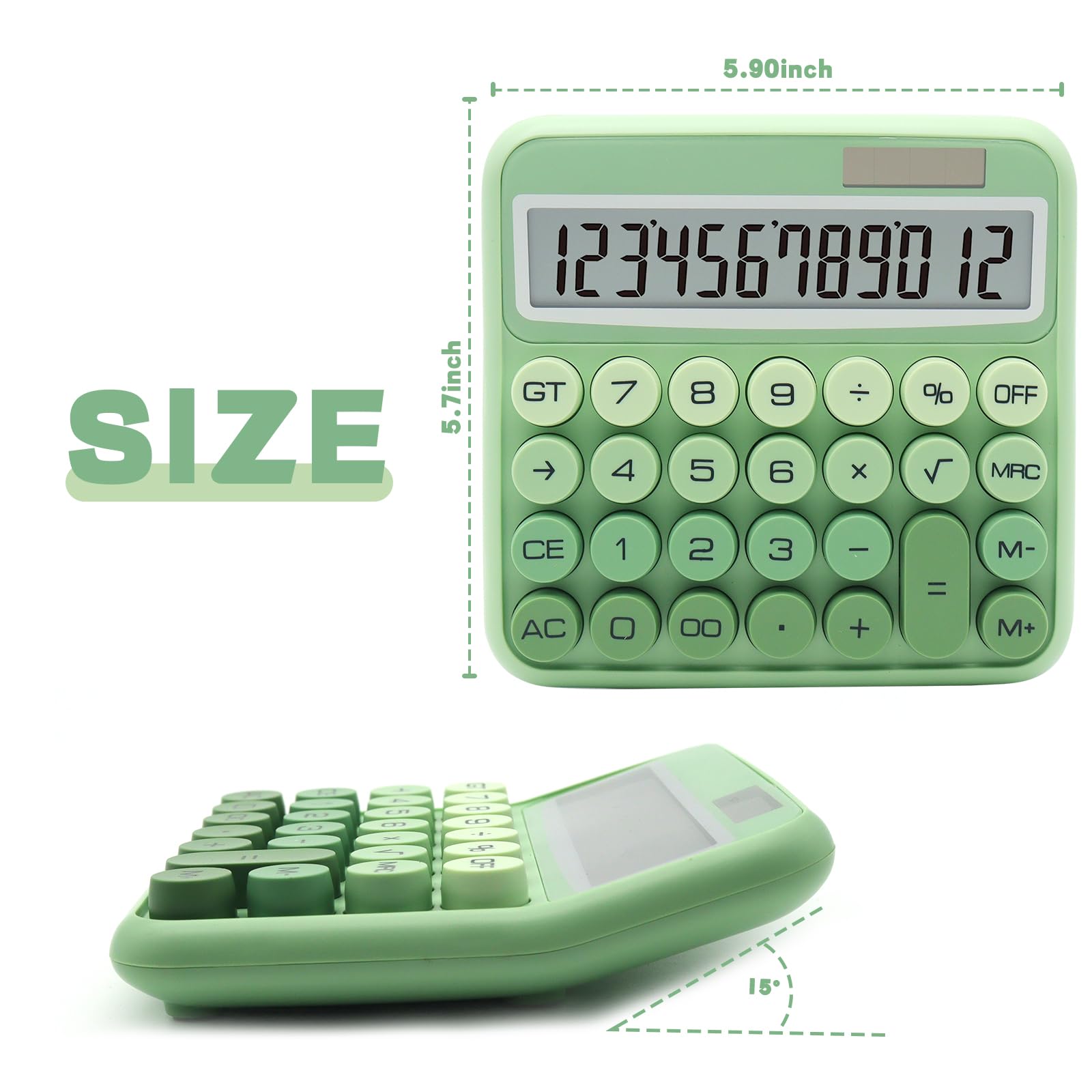 Calculatrice De Bureau 12 Chiffres - Grand écran LCD - Touches Larges - Alimentation Solaire Et Pile - Verte
