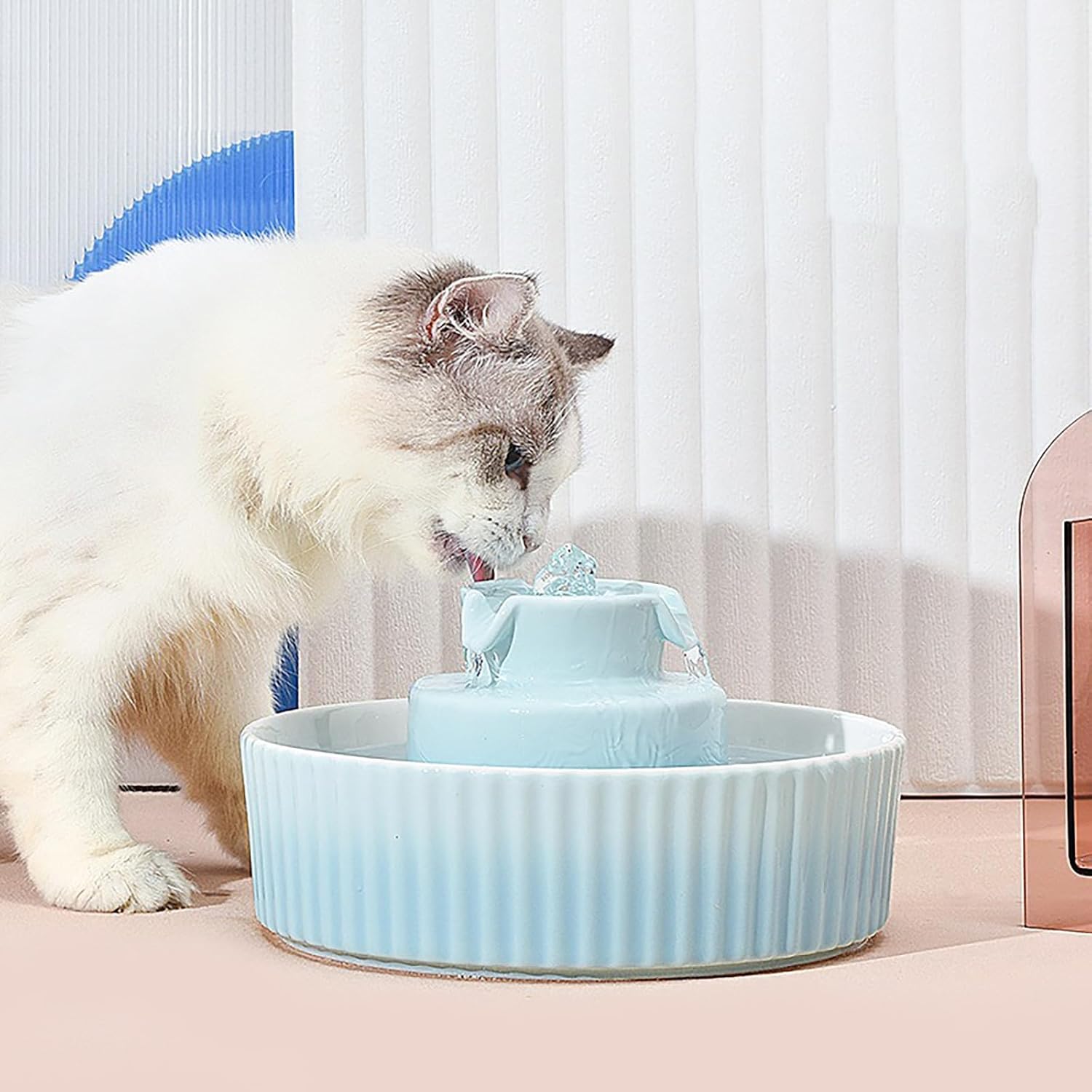 Ceramic Cat Water Fountain with 8 Filters 2 Sponge Cats Tower Water Dispenser 2.1L/71.02oz Dog Water Bowl Dispenser Cat Fountain for Cats Indoor Ultra Quiet Pump Pets Water Bottle Light Blue