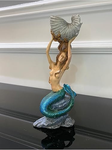 Miniatura 2 de Escultura de sirena pintada a mano, estatuilla de mezcla de mármol y poliéster de primera calidad, arte decorativo único para salas de estar,