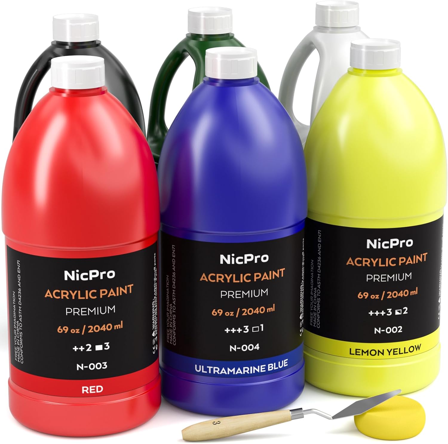 Nicpro 6 Colors Large Bulk Acrylic Paint Set (69 oz, 2040ml) Rich Art Painting Supplies Non Toxic for Multi Surface, Canvas, Wood, Leather, Fabric Stone Craft, for Kid & Adult with Pump, Color wheel 69oz 6colors(15 bottles)