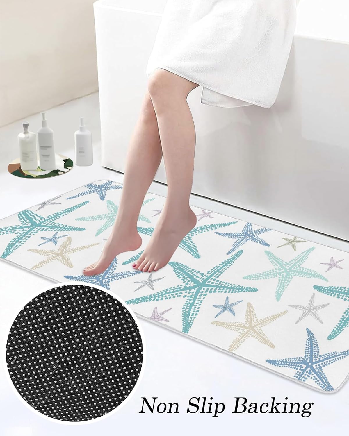 Coastal Sage Green Starfish Kitchen Mats Set of 2 Nautical Minimalist Ocean Summer Non Slip Mat Washable Floor Rug for Kitchen Sink Floor Laundry, 20"x24"+20"x48"