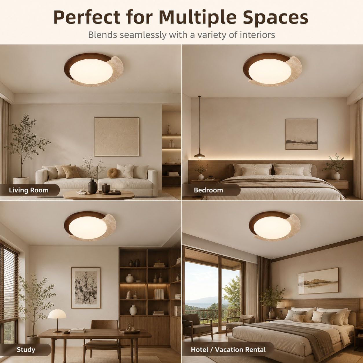 Plafoniera LED Soffitto Dimmerabile con Telecomando, Stile Wabi-Sabi in Travertino Naturale e Legno Massello, Spettro Completo, 2700–6000 K, Soggiorno e Camera da Letto,Ø45×H10cm