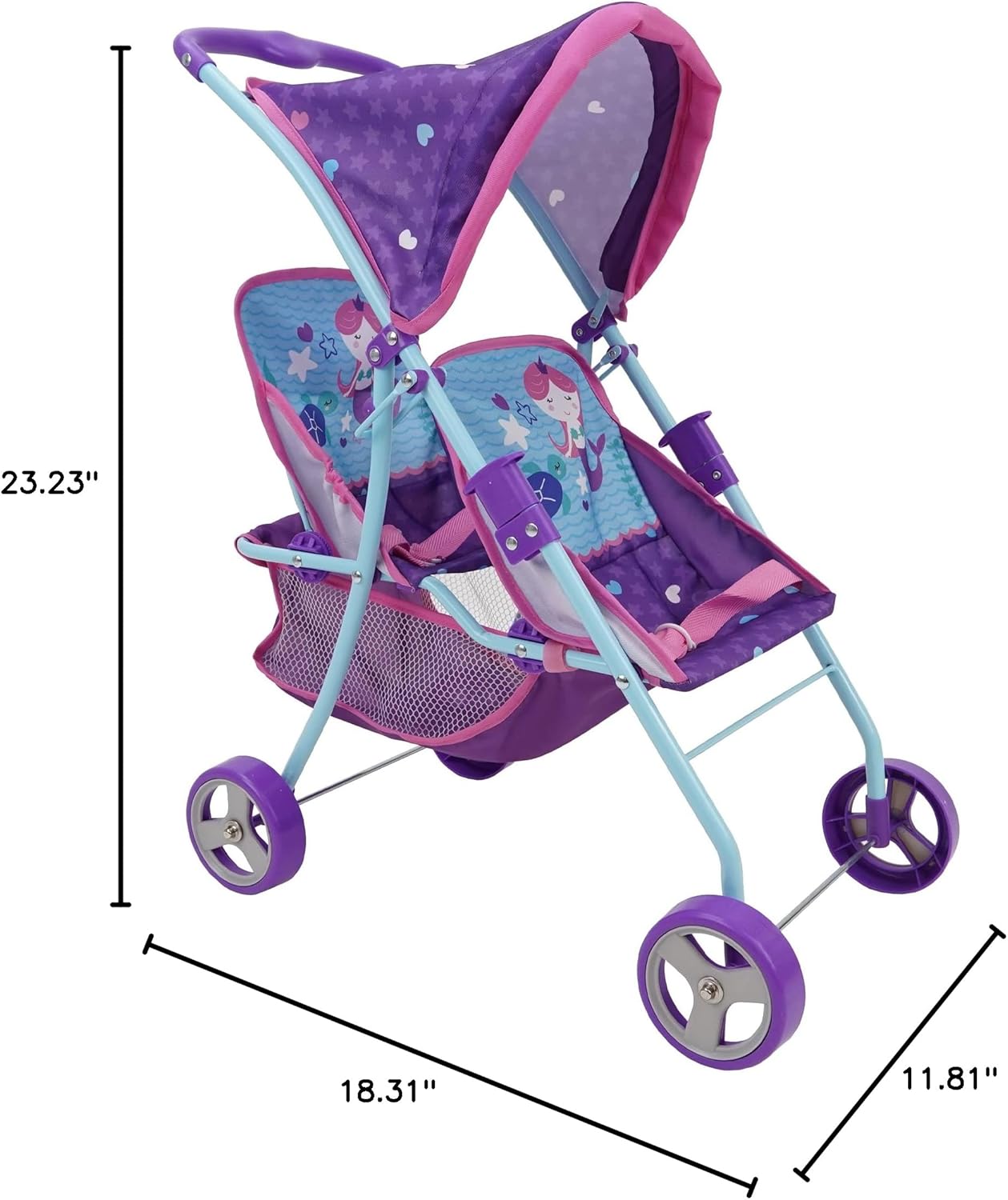 509 Crew Mermaid Twin Doll Stroller - Kids Pretend Play, Retractable Canopy, Easy to Fold for Storage & Travel, 2 Seats, Fits Dolls up to 18'', Ages 3+