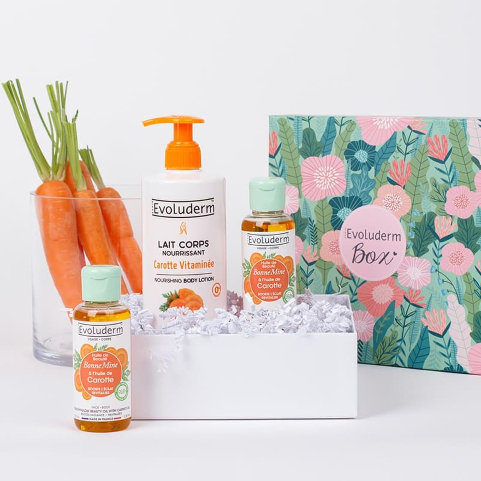 EVOLUDERM – Natural Carrot Body Shine Gift Set – 3 Products – Natural – Vegan – Made in France – Box Jungle – Gift Idea – Ideal Gift for Christmas, Birthday, Mother's Day