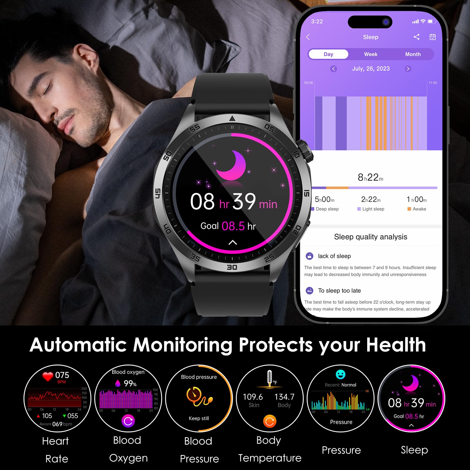 YYKY Orologio connesso con ECG+HRV/Acido Urico/Lipidi/BMI, 1.43" AMOLED Smartwatch con chiamata Bluetooth, affaticamento, umore, SOS, SPO2, monitoraggio del sonno per Android/iOS