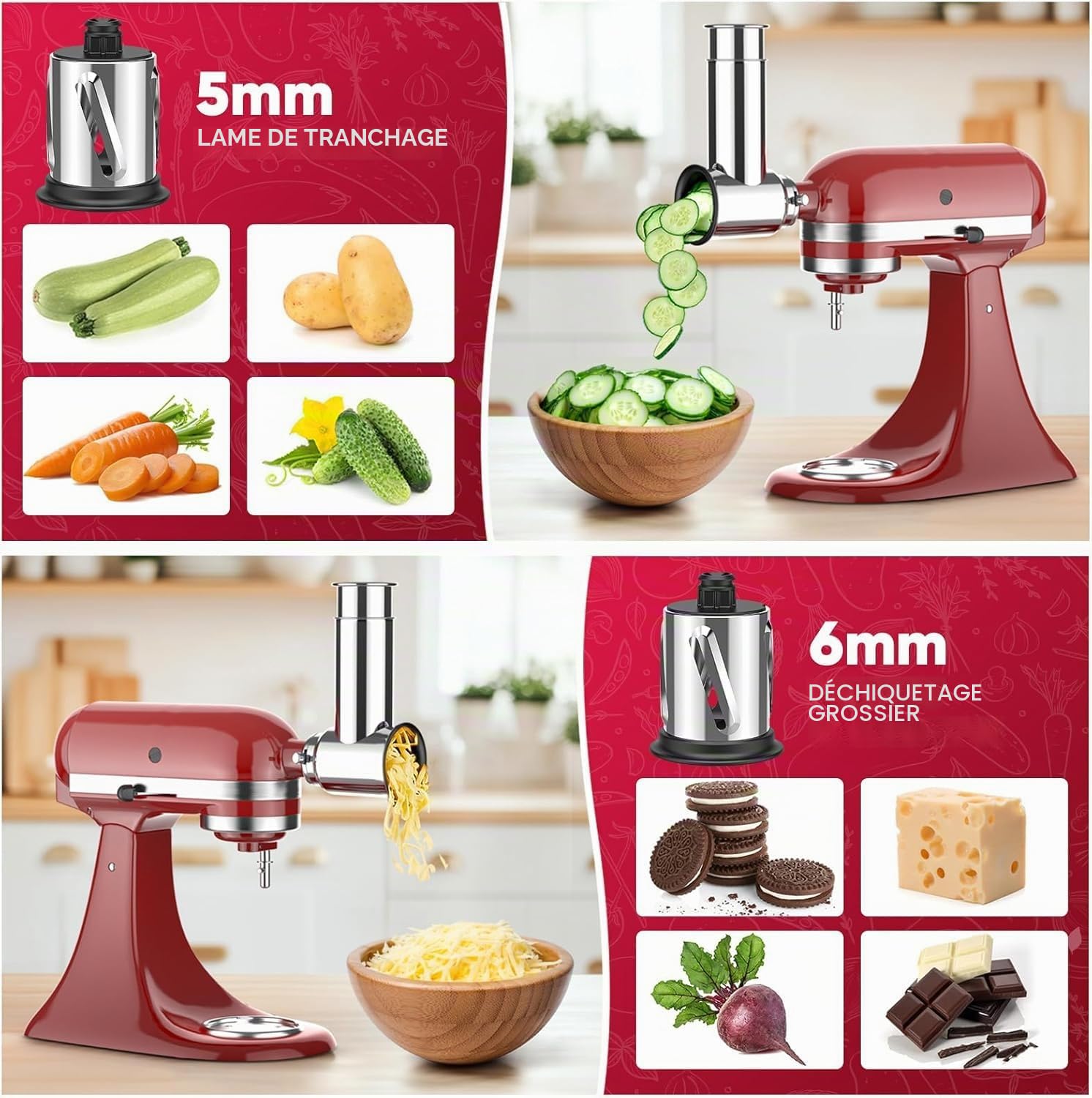 COFUN Accessoire coupe-légumes en acier inoxydable pour KitchenAid Robot Pâtissier, Râpe à fromage, Râpe à légumes avec 4 lames | Trancheuse de légumes, salade, poudre de broyage, râpe à fromage