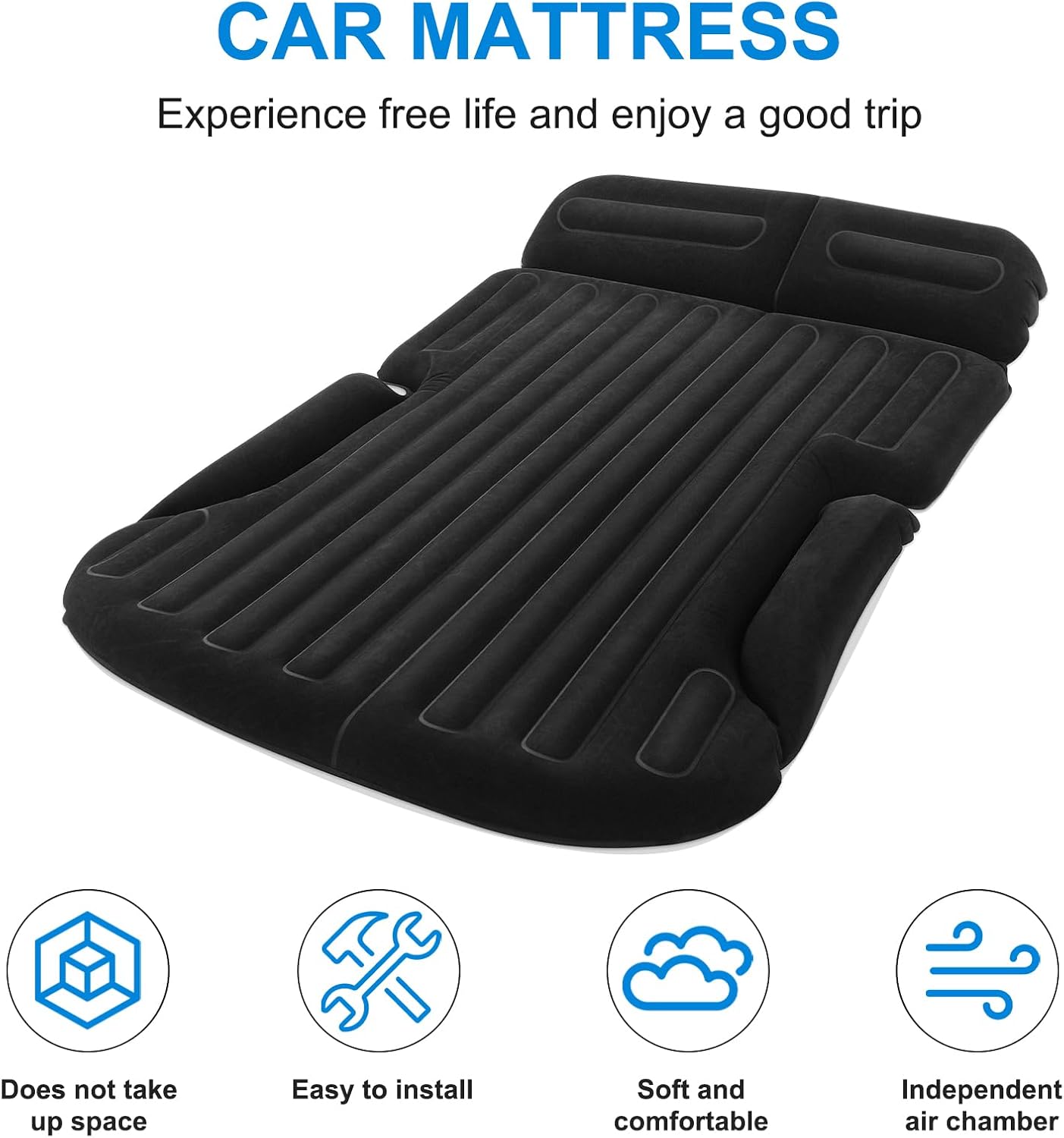 KMZ SUV Air Mattress with Electric Pump, Thick Double-Sided Flocked Camping Bed, Includes 2 Pillows & 2 Window Screens, Inflatable Travel Mattress for SUV Trunk and Rear Seat – Black
