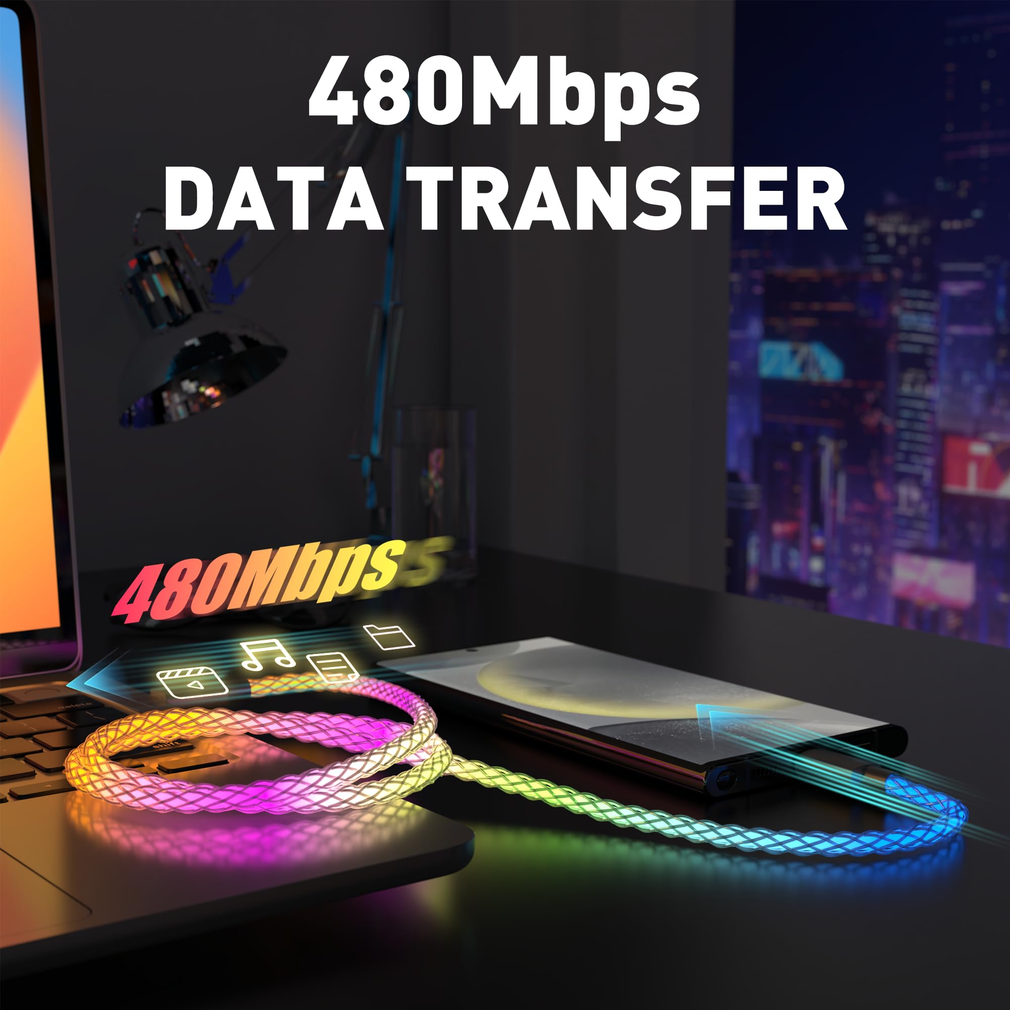 Cavo USB A a USB C luminoso RGB LED 66W 100cm luminoso ricarica rapida cavo per Galaxy S24/S23/S22/S21/Oneplus/Xiaomi per trasferimento dati e ricarica