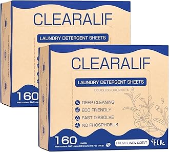 Laundry Detergent Sheets Up to 320 Loads, Fresh Linen - Great For Travel,Apartments, Dorms,CLEARALIF Laundry Detergent Strips Eco Friendly & Hypoallergenic (80 Sheets, Pack of 2)[Amazon-developed Certification] Compact by Design