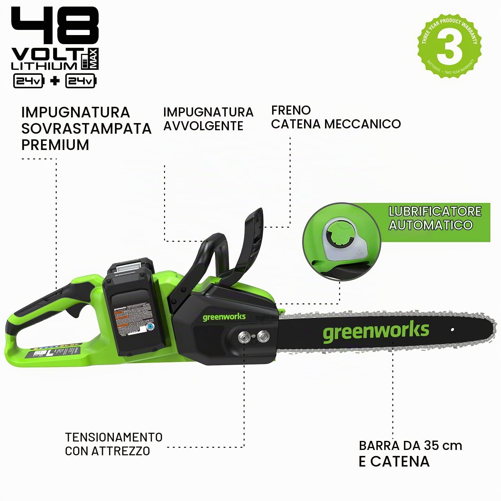 Greenworks 48V(2x24V) Motosega a Batteria con Motore Brushless GD24X2CS36K4X + Catena di Ricambio per Motosega