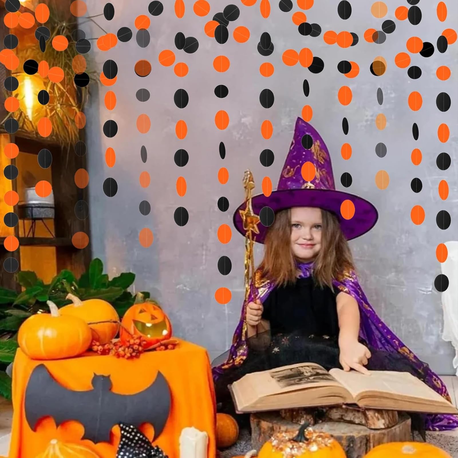 5 guirnaldas de lunares circulares naranjas y negros, serpentinas de papel colgantes de lunares negros, naranjas y blancos, para Halloween, suministros de decoración de fiesta de Acción de Gracias