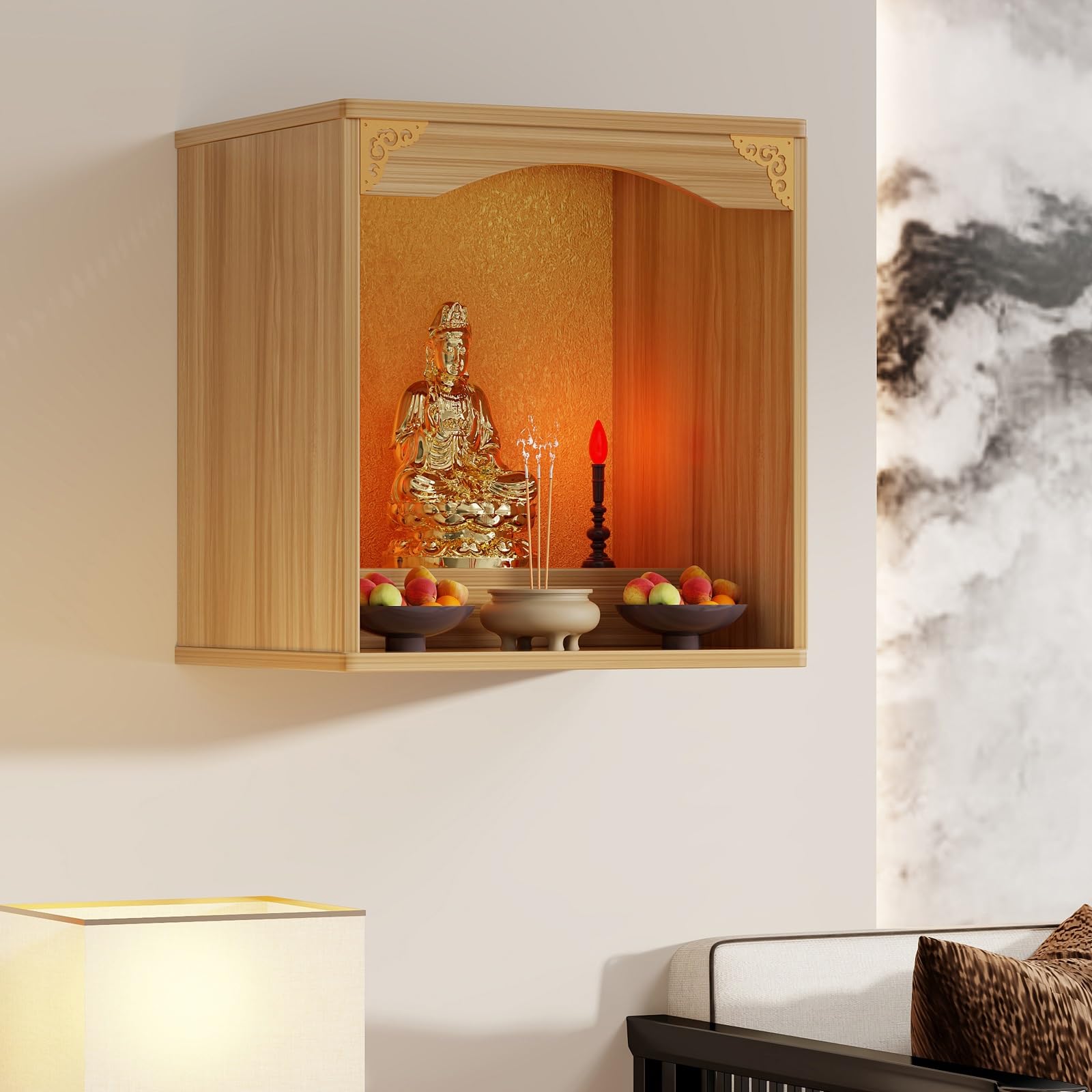 JNTFNE Wall-Mounted Shrine Altar Table，Tabletop Chinese Feng Shui Guan Gong Yin Pooja Statue Display Stand，With door Alter Cabinet(Wood,40 * 40 * 60cm/15.7 * 15.7 * 23.6in)