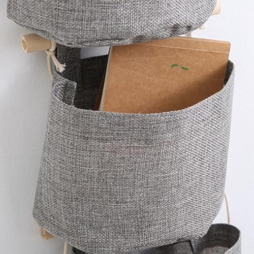 Miniatura 5 de SH-RuiDu Paquete de 3 bolsas de almacenamiento colgantes de tela de lino de algodón sobre la pared, organizador de puerta para habitación y baño