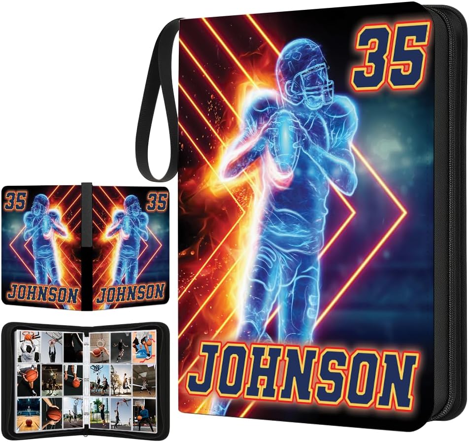 Personalized Football Card Binder Album with Name & Number Sports Trading Card Holder Organizer, Collectible Storage Book for Football Fans (Football Helmet on Fire)