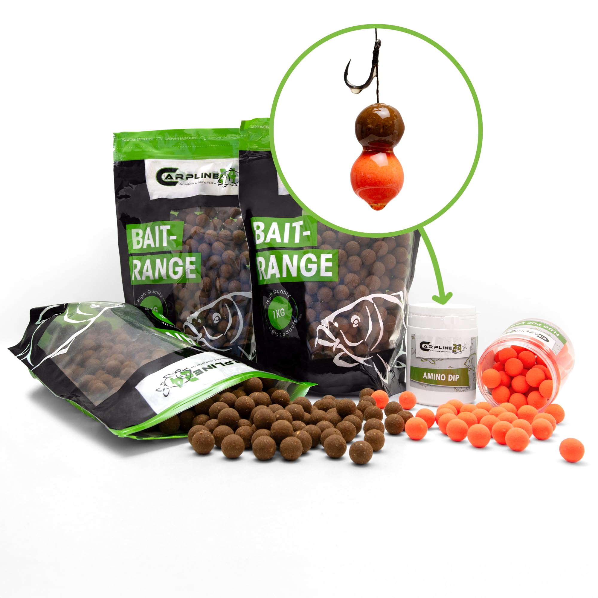 Premium Leber Boilie Bundle - 3 kg - 16 mm - mit Pop Up Boilies und Amino Dip, Carp Baits, Karpfenköder zum Angeln, Set Futterboilies zum Anfüttern von Karpfen, Angelfutter mit Lockstoff