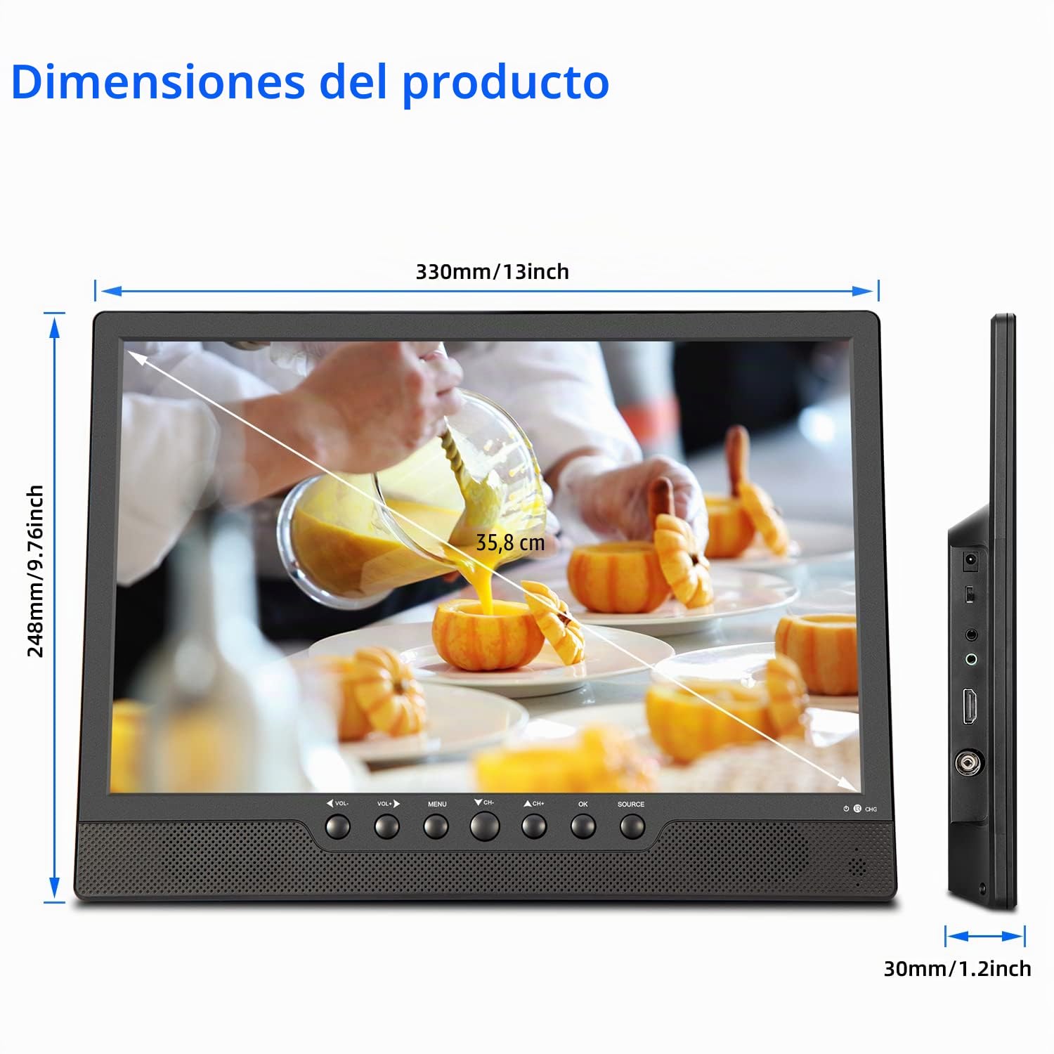 KCR TV Digital DVB-T2 portátil de 14,0 Pulgadas, Freeview, batería Recargable, Puerto USB, Toma de Auriculares, Mando a Distancia, Entrada AV, Entrada HDMI