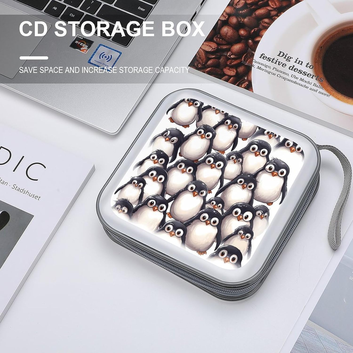 Cute Baby Penguins Sketch CD Case 40 Capacity CD/DVD Case Holders Hard Plastic DVD Disc Cases Portable Zipper CD Cases Holder Disc Storage Organizer Wallet Bag for Car Home Travel