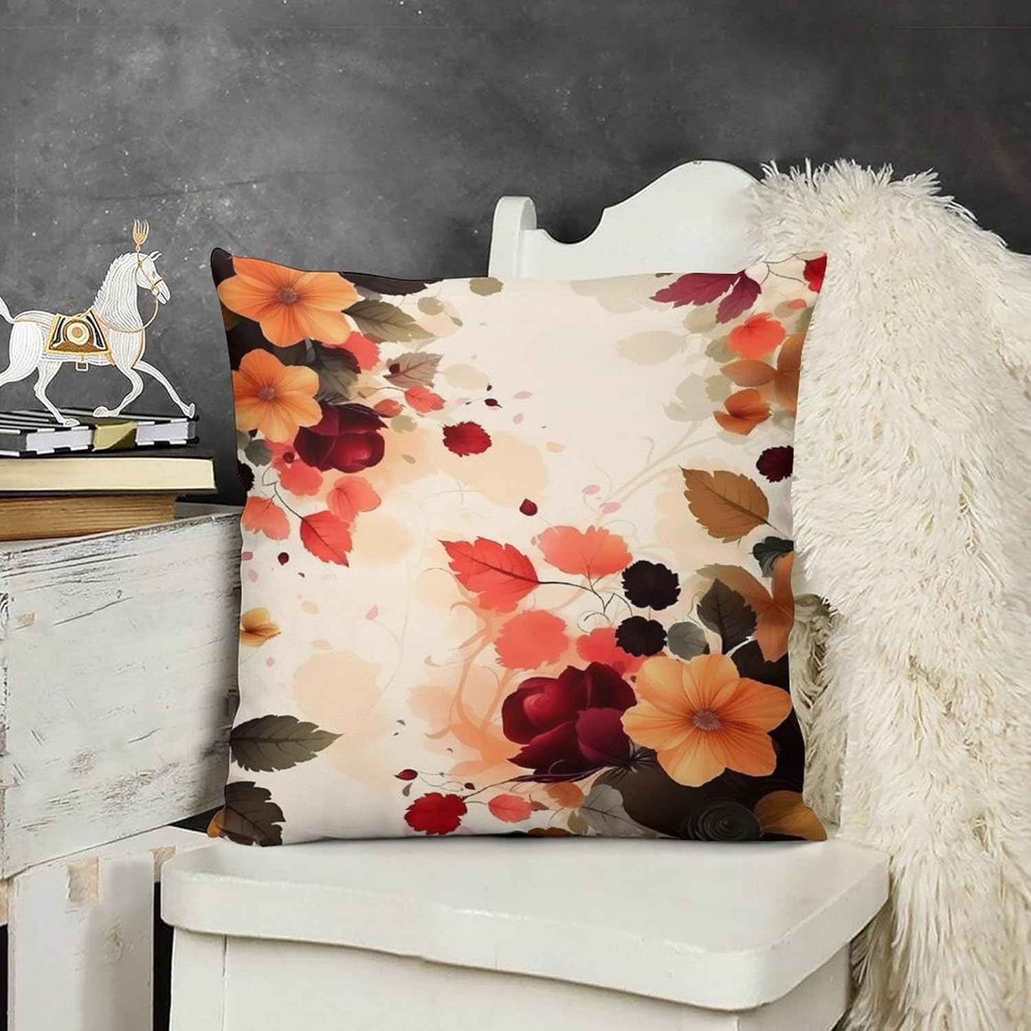 Zippered Pillow Cover, Pillow Protector, Autumn Beautiful Floral Printed Pillow Cover of 4, Pillow Not Included