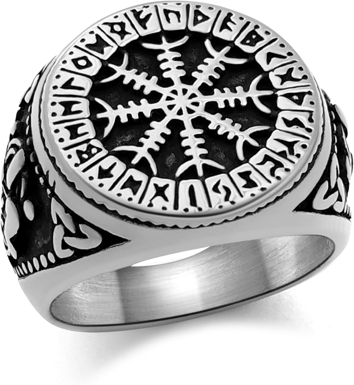 Nordic Battle Axe Ring Viking Vegvisir Pirate Compass Rings Stainless Steel/18K Gold Plated/Black Norse Symbol Vintage Jewelry for Men Women Send Gift Box