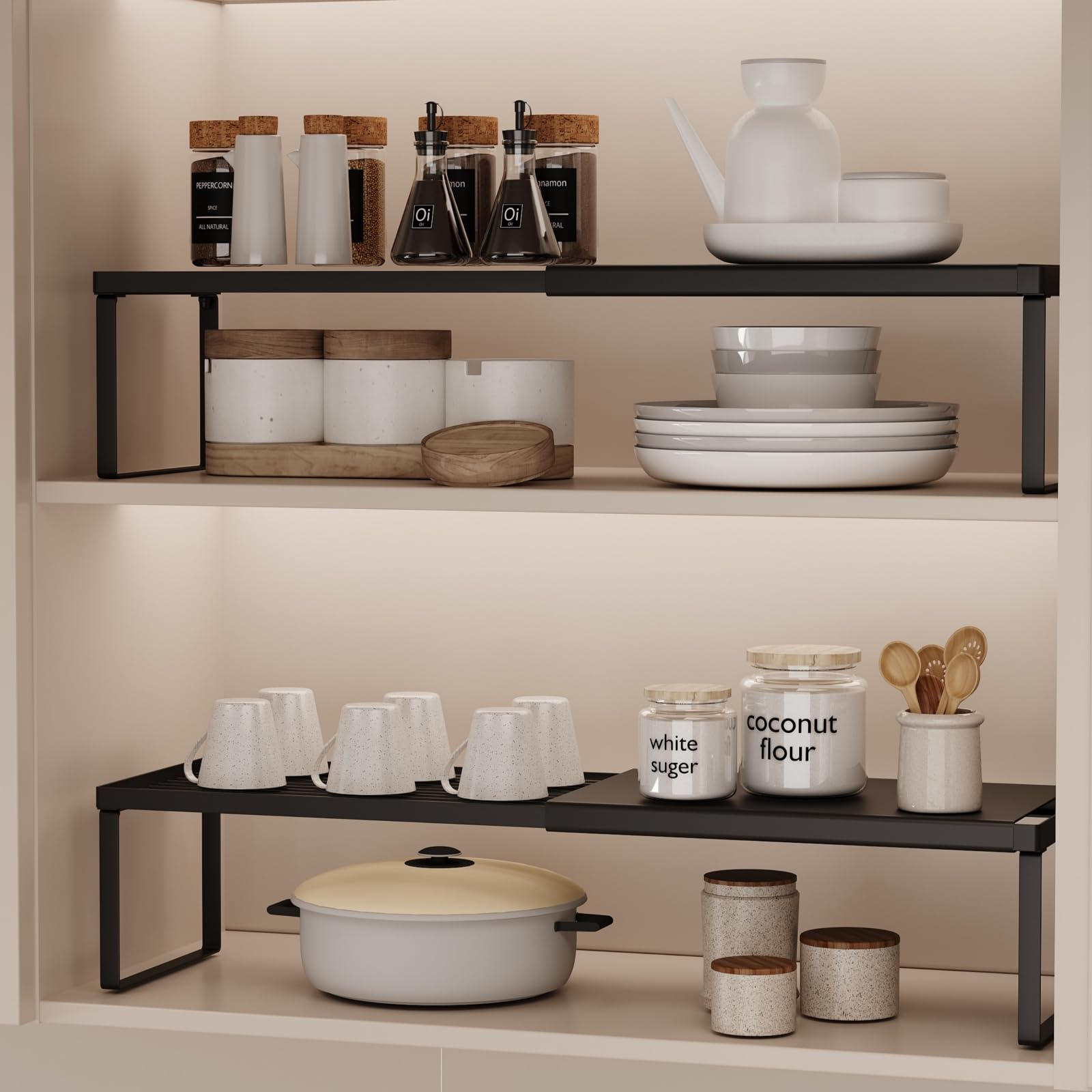 Expandable Cabinet Shelf Organizer, 2 Pack Stackable Kitchen Counter Shelf Riser, Metal S…