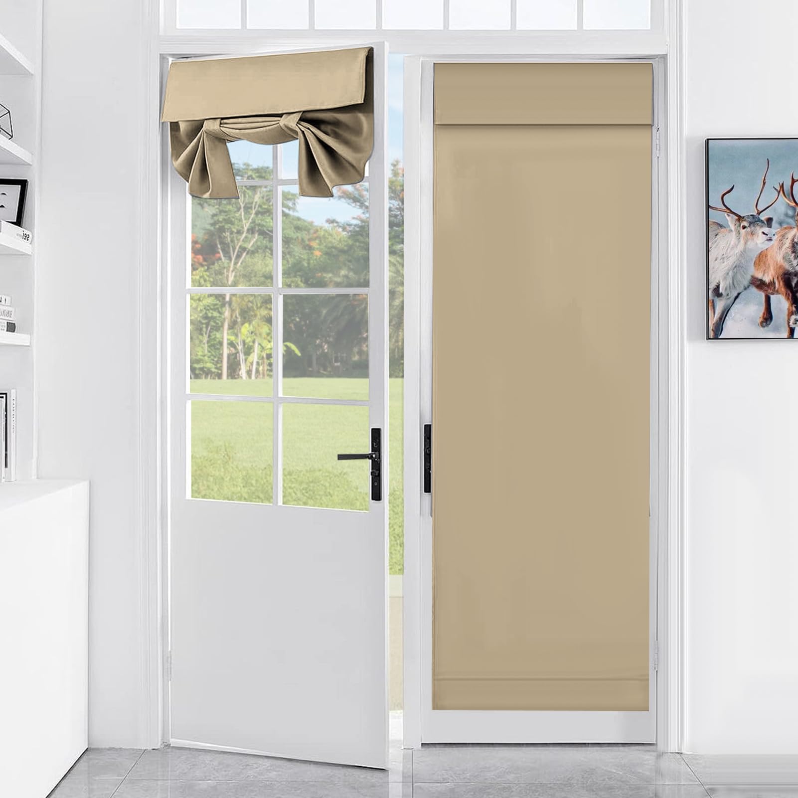 Gugxiom 66 x 173 cm Front Tür Vorhang,Französisch Tür Jalousien mit Bandage,Front Türs Seitenlicht Vorhang für Küche Wohnzimmer Bad (Beige)