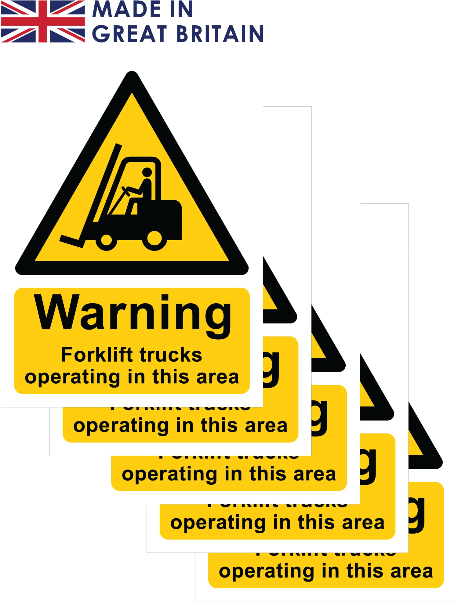 The Signal Range Pack of 5 self adhesive safety signs 135mm x 180mm -Warning Forklift trucks operating in this area