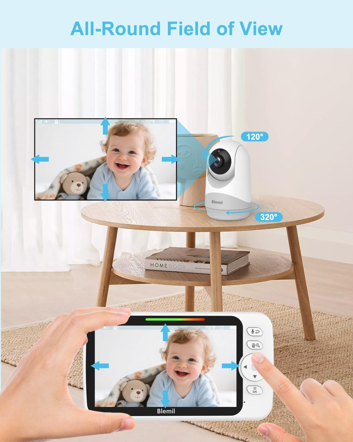 Blemil Upgrade Video Baby Monitor with Camera and Audio 6" Large Screen, 35-Hrs Battery, No WiFi Baby Monitor, Remote Pan/Tilt/Zoom Camera, 2-Way Talk, Night Vision, Temperature, 1000ft Range