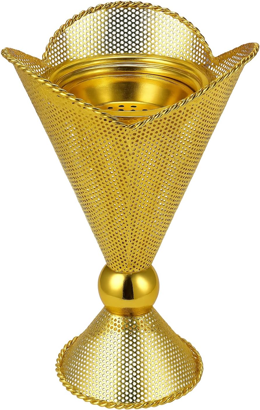 Decorative Gold Metal Incense Burner – Traditional Bakhoor Holder for Home, Ramadan & Eid Décor, Islamic Gift, Ornamental Cone-Shaped Mabkhara Stand, 5 x 5 x 9 in
