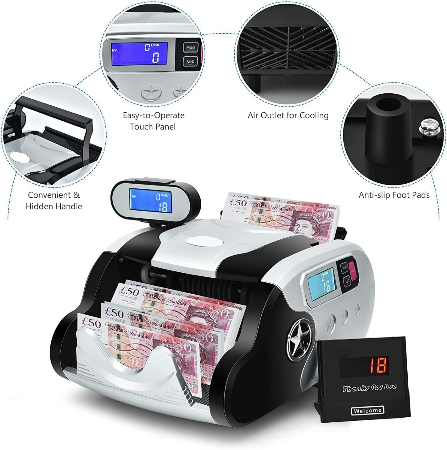 Conta Banconote multivaluta ad Alta velocità con rilevamento di contraffazioni UV MG, Display a LED e Spazzola per la Pulizia per Banche, Negozi e scuole