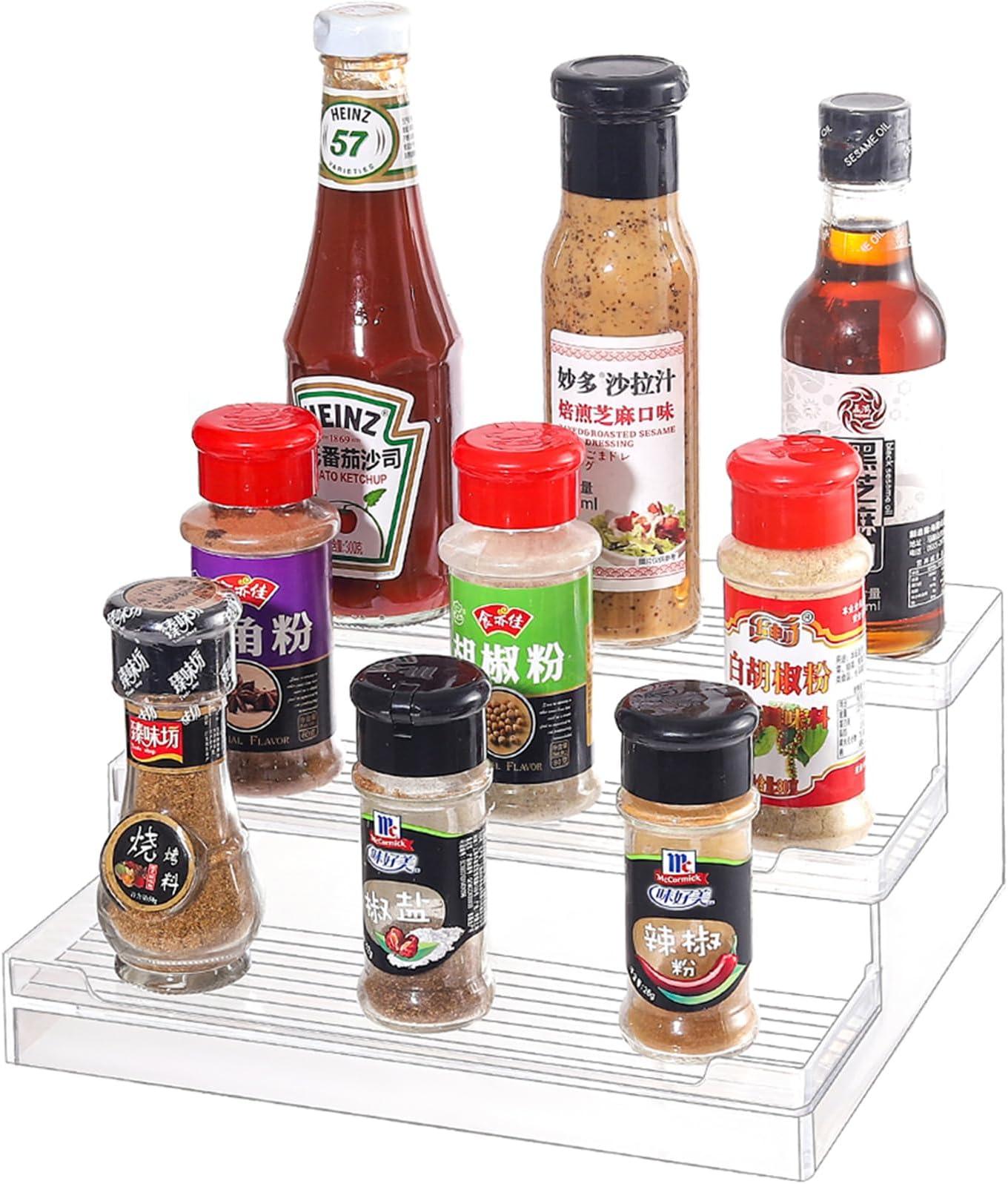 SuoXing Clear Spice Organizer for Cabinet,Kitchen Plastic 3 tier Spice Rack,Tiered Spice Stand Organizer for Kitchen Pantry Countertop,Pack of 1