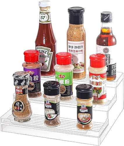 Organizador de especias transparente para gabinete, estante de especias de plástico de 3 niveles, organizador de especias escalonado para encimera