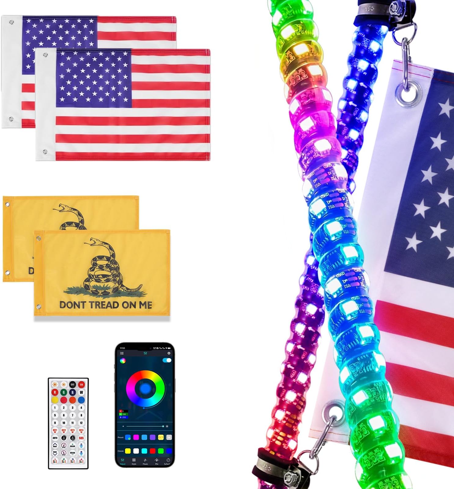 2PCS 4FT Spiral LED Whip Lights 366 Lighting Modes with Bluetooth and Remote Control Weatherproof Chasing RGB Whip Light for UTV ATV Jeep Truck RZR SxS Can-Am Polaris Off-Road