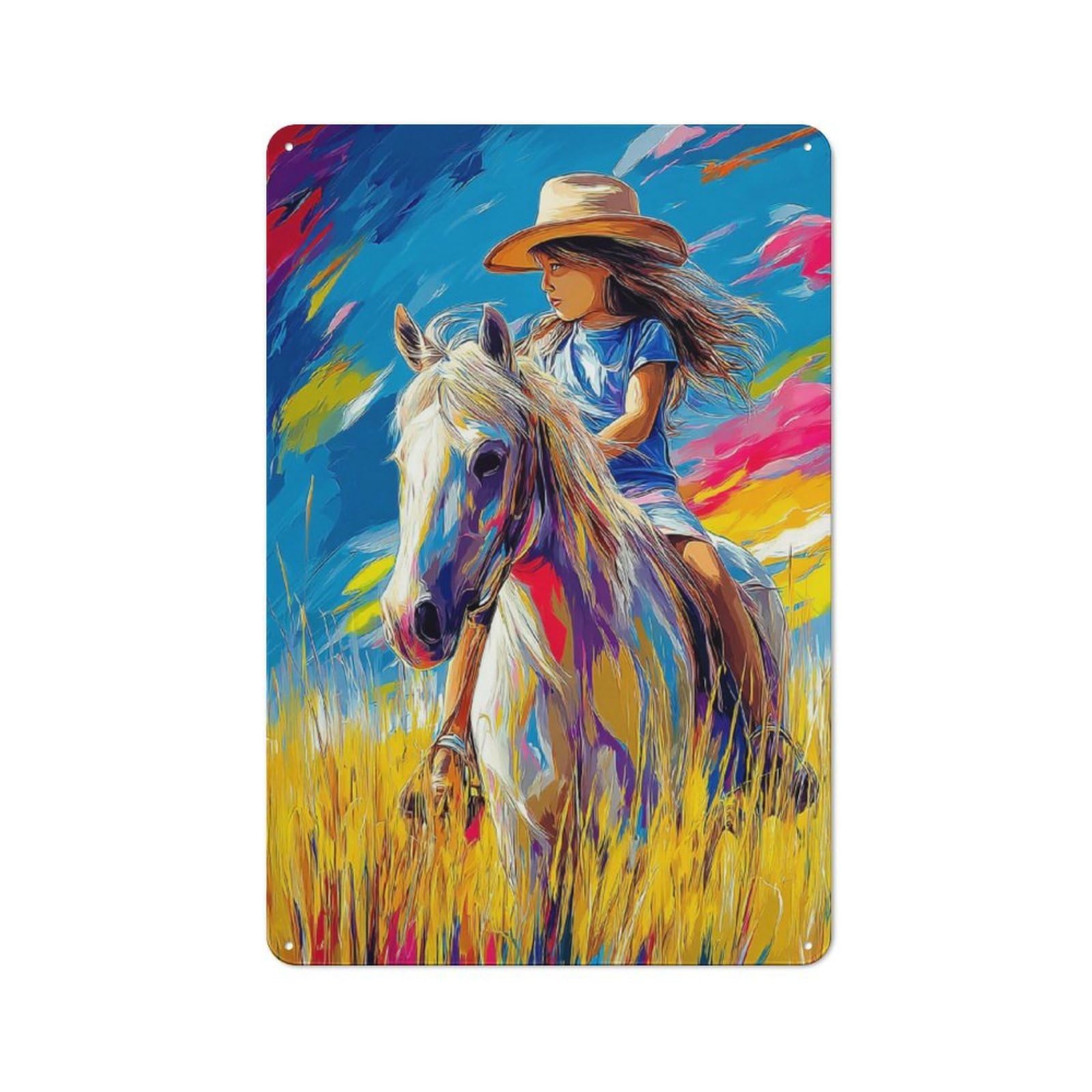 Junmoney Girls Riding Horse In Field Retro Vintage Tin Sign 30X20cm, Cafe Wall Decor For Kitchen, Cafe, Pantry Or Dining Room
