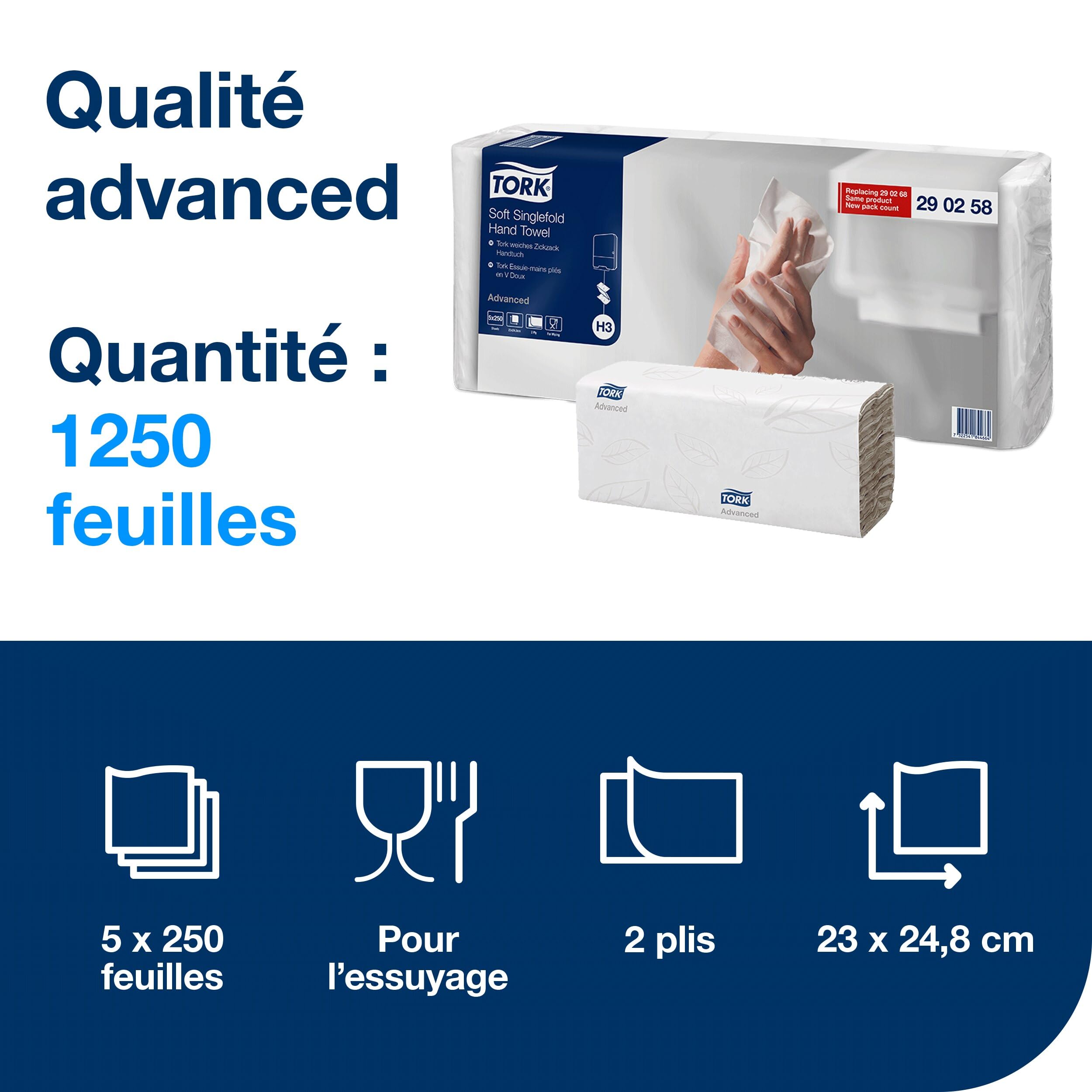 Tork Essuie-mains pliés en V Advanced, H3, grand, indéchirable, 2 plis, blanc, Advanced qualité, 1250 essuie-mains, Advanced qualité, 290258