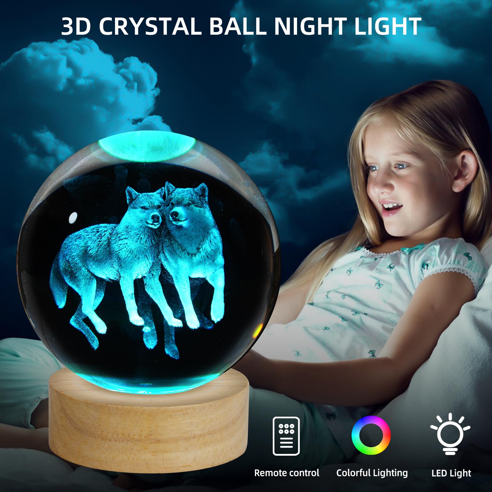 ZXBLAQ 3D Wolf Crystal Ball Night Light - 3.15 Inch Glass Lamp