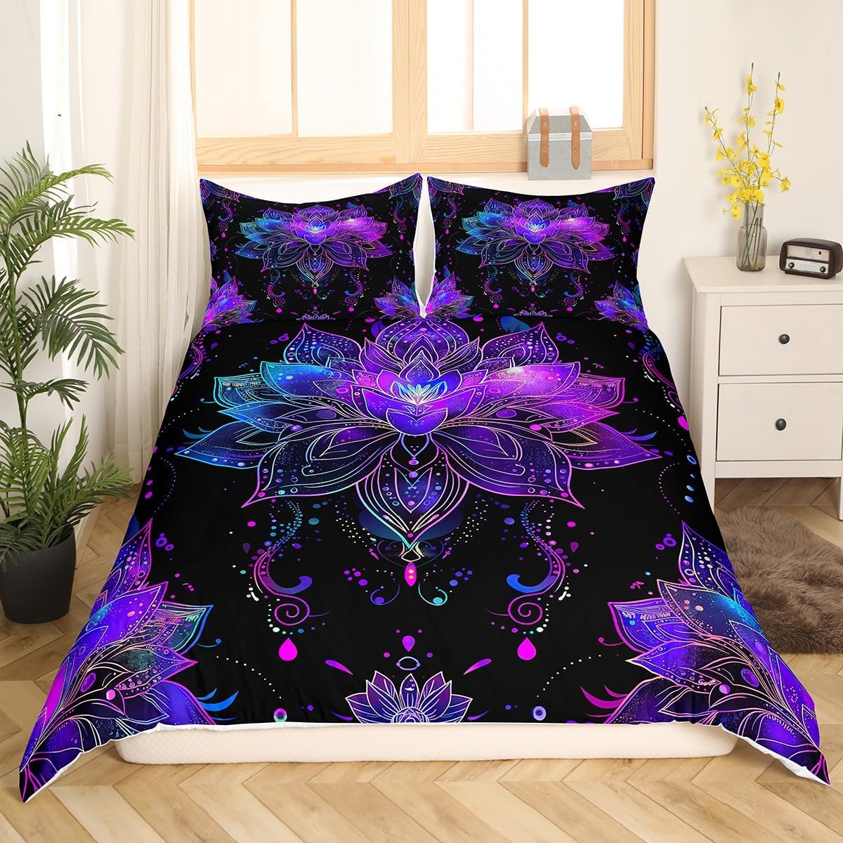 Erosebridal Exotic Lotus Duvet Cover Set Bohemian Psychedelic Flowers Queen Bedding Sets,Comforter Cover Mandala Floral Bed Set,Purple Blue Boho Decor