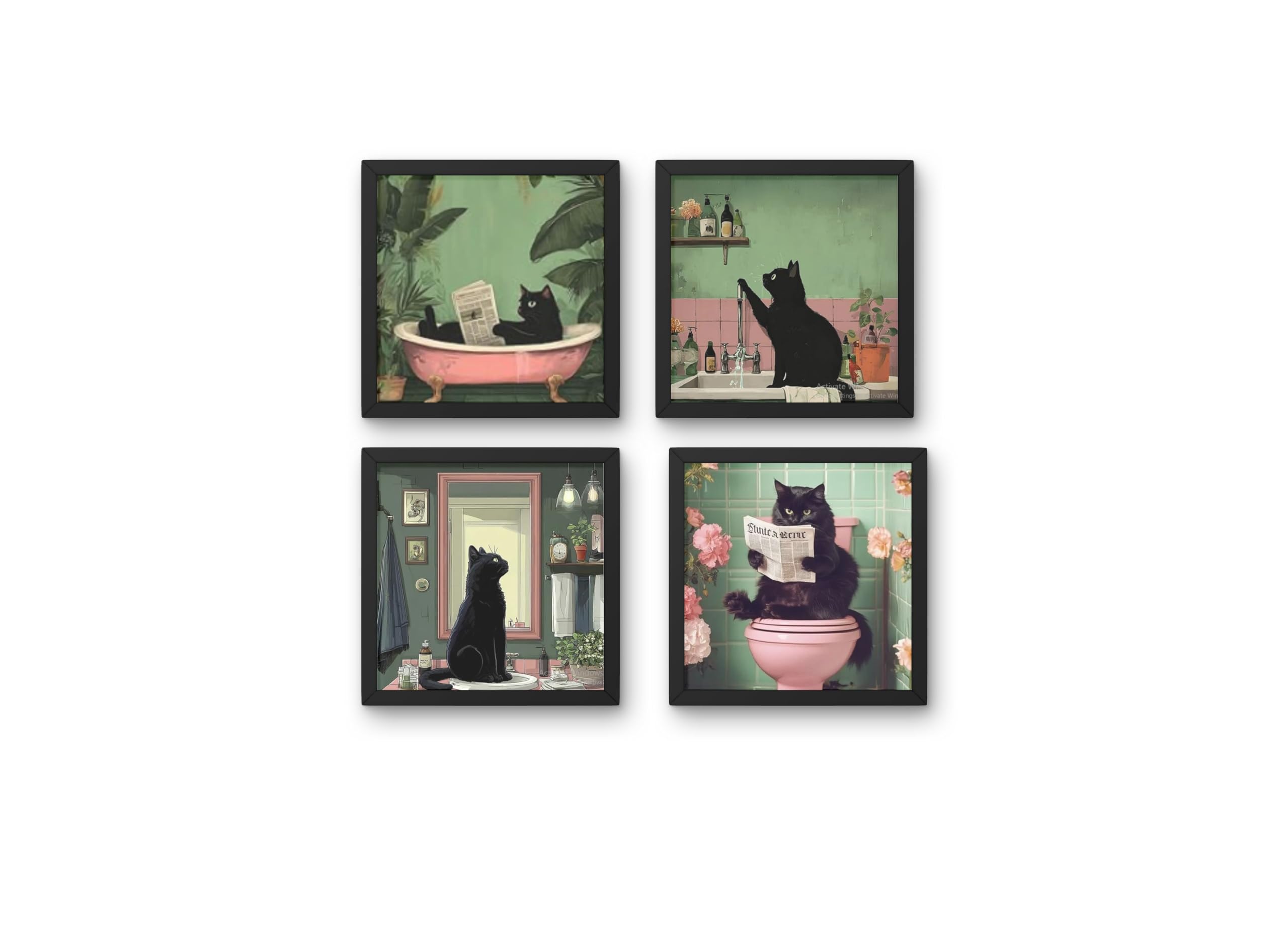 Modern Bathroom Wall Decor Frame Set of 4 | Cute Black Cat Funny Bathroom Art Prints | Aesthetic Framed Wall Paintings for Washroom, Bedroom & Home Decoration | Size 8 * 8px-image-35